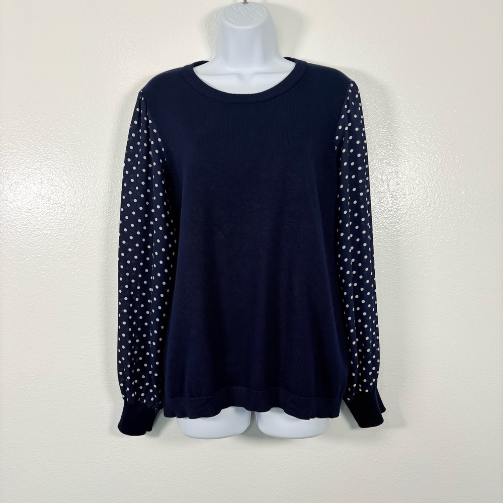 Adrianna Papell Dark Blue Top with Polka Dot Pattern Sheer Sleeves SzL Preppy